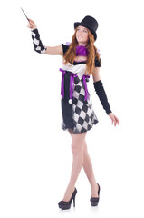 Magician woman with wand on white