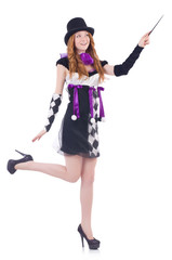 Magician woman with wand on white