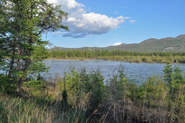 Landscape with the river and the mountains.