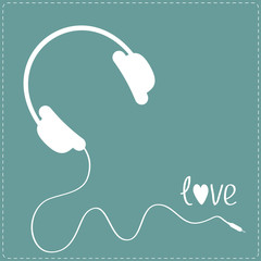Obraz premium White headphones with cord . Blue background. Dash line. Love ca