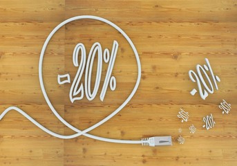 3d render of a wooden discount icon formed by an cable