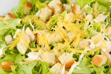 Caesar salad on white plate, close up