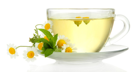 Cup of herbal tea with wild camomiles and mint, isolated