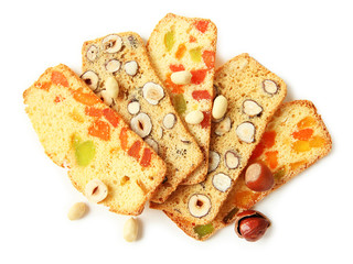 Biscotti with  nuts and candied fruits, isolated on white
