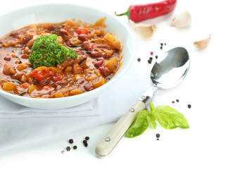 Chili Corn Carne - traditional mexican food, isolated on white