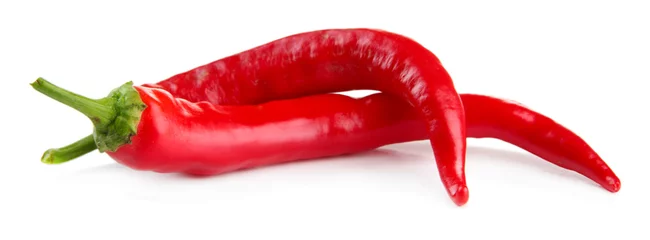 Fotobehang Chili Pepers Twee rode hete chili pepers geïsoleerd op wit  © Africa Studio