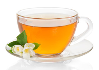 Cup of tea with a saucer and the jasmine flower