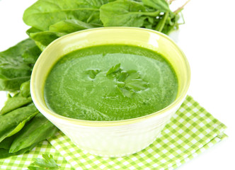 Tasty spinach soup, isolated on white