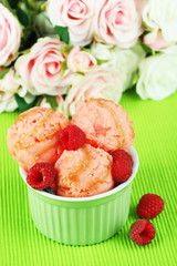 Delicious ice cream in bowl close-up