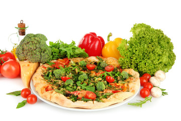 Tasty vegetarian pizza and vegetables, isolated on white