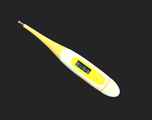 Orange electronic thermometr showing 36.0 degrees centigrade