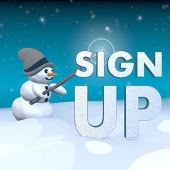 snowman with magic wand and sign up symbol