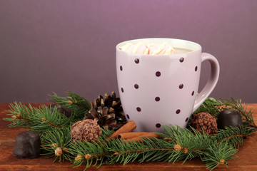 Obraz na płótnie Canvas Cup of hot cacao with chocolates and fir branches