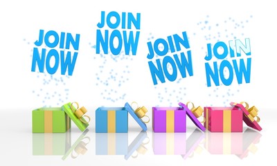 christmas present boxes with join now symbol