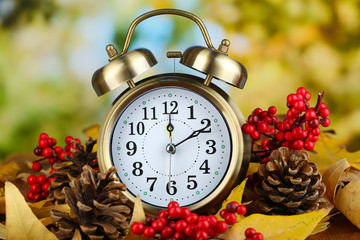 Old clock on autumn leaves on natural background