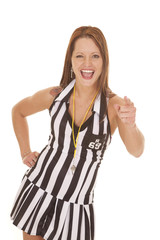 Woman referee signs point and laugh