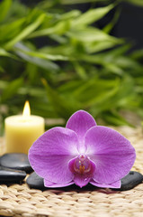orchid and stones with candle, green leaf on wicker mat