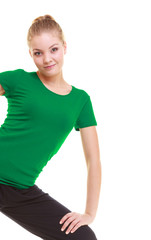 young sporty girl doing stretching exercise isolated