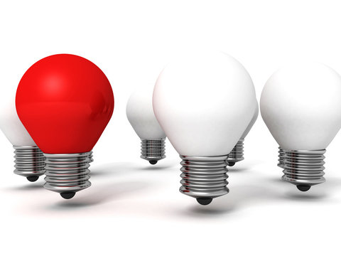 Red light bulb lamp leadership concept out from crowd