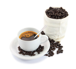 Cup of coffee and bag beans on white background.