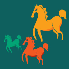 three colorful horses on a green background