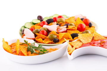 Nachos, cheese and red sauce,  vegetables