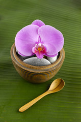 orchid with stones in bowl and spoon on banana leaves