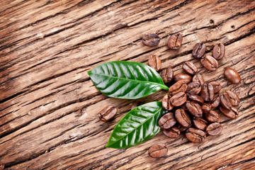 Roasted coffee beans and leaves.