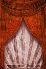 Retro revival sunbeam poster background behind red curtains © kasha_malasha
