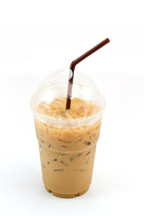 Iced coffee with straw in plastic cup isolated on white backgrou
