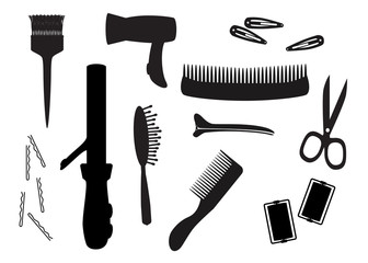 Black hair salon equipment symbols set
