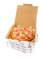 Plaid mouton avec photo Pizzeria Takeaway salami or pepperoni pizza in a box