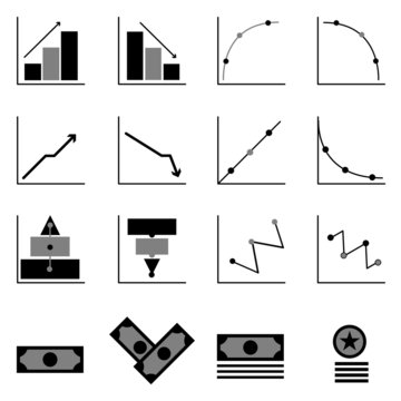 Graph and money icons on black background