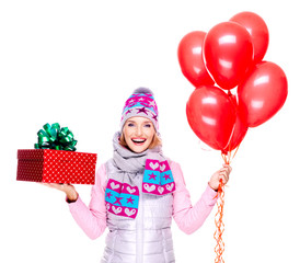 Fun happy adult woman with red gift box and balloons