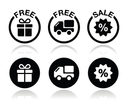 Free gift, free delivery, sale icons set
