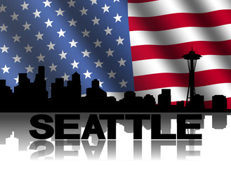 Seattle skyline and text reflected American flag illustration