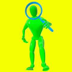 3d man with blue magnifier isolated rendered