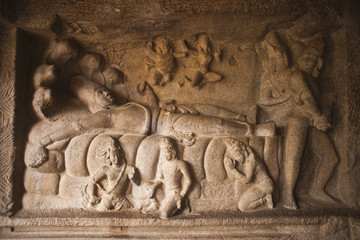 Carving details of Lord Vishnu reclining on his serpent couch at Mahishasuramardhini Mandapam, Mahabalipuram, Kanchipuram District, Tamil Nadu, India