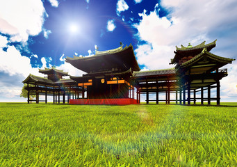 Zen buddhist temple on the grass