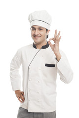 Portrait of a male chef showing ok sign and smiling