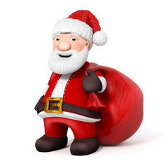 3D Cartoon Santa Claus with sack on white background