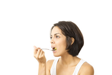 Naklejka premium Attractive woman having breakfast