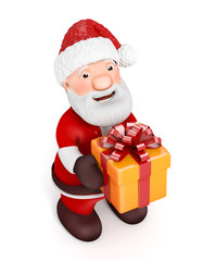 3D Santa Claus with gift on white background