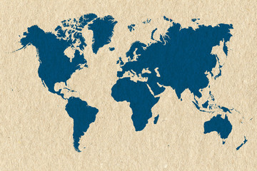 blue world map on cream handmade paper texture