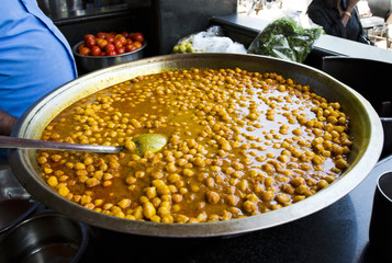 Traditional Indian food on kitchen counter of a dhaba restaurant, Chennai, Tamil Nadu, India