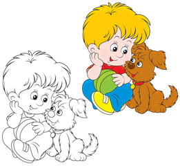 Little boy sitting with his brown pup