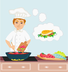 Cheerful chef cooks in the kitchen