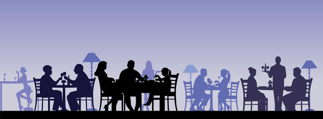 Silhouette of people eating in a restaurant layered