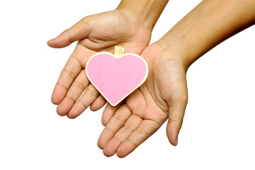 Human Hand Holding Heart Shape Wooden Sign