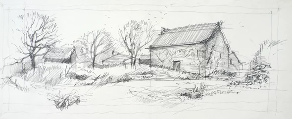 Sketch of an old barn made by pencil on a white paper © psynovec